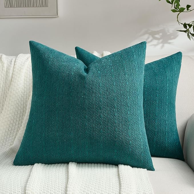FUTEI Teal Chenille Throw Pillow Covers 16x16 Inch Set of 2,Soft Striped & Diamond Textured Cushion Cases,Modern Home Decor for Couch Living Room