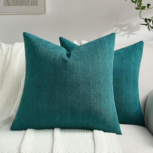 FUTEI Teal Chenille Throw Pillow Covers 16x16 Inch Set of 2,Soft Striped & Diamond Textured Cushion Cases,Modern Home Decor for Couch Living Room