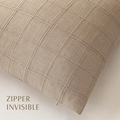 Foindtower Set of 2 Decorative Linen Check Throw Pillow Covers Neutral Farmhouse Vintage Cushion Covers Modern Coastal Boho Home Decor for Sofa Chair Couch Bedroom Living Room,16×16 Inch,Camel