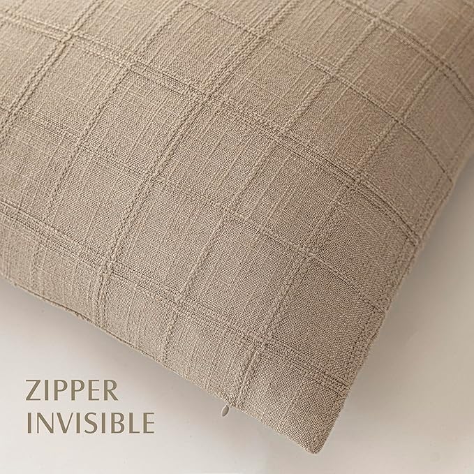 Foindtower Set of 2 Decorative Linen Check Throw Pillow Covers Neutral Farmhouse Lumbar Cushion Covers Modern Coastal Boho Home Decor for Sofa Chair Couch Bedroom Living Room,12×20 Inch,Camel