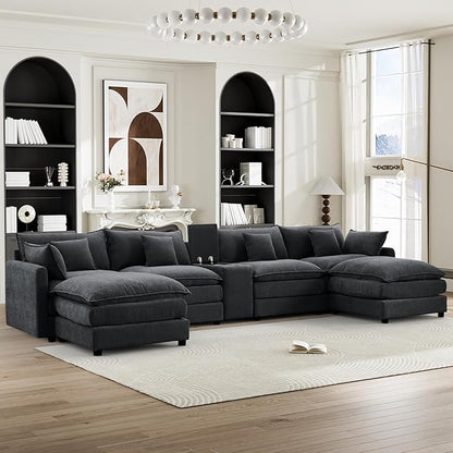 HYJT-H&K 145" U Shaped Cloud Couch Modular Black Sectional Couches for Living Room, Comfy Fluffy Chenille Oversized Cloud Sectional Couch Large 6 Seat Sectionals Sofa Set Central Console USB Port