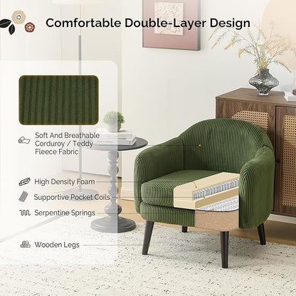 VINGLI 30.3" Wide Modern Barrel Accent Armchairs Set of 2 with Track Armrest, Solid Wooden Legs, Comfy Upholstered Club Chairs, Single Home Sofa for Living Room, Bedroom, Reading Room, Corduroy Green