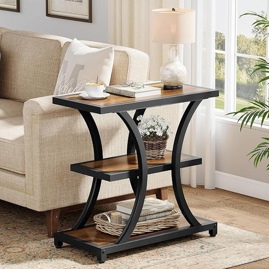 Tribesigns End Table with Storage, 3-Tier Side Table with Geometric Metal Design, Industrial Nightstand for Small Spaces, Living Room, Bedroom, Study Room (1, Rustic Brown)