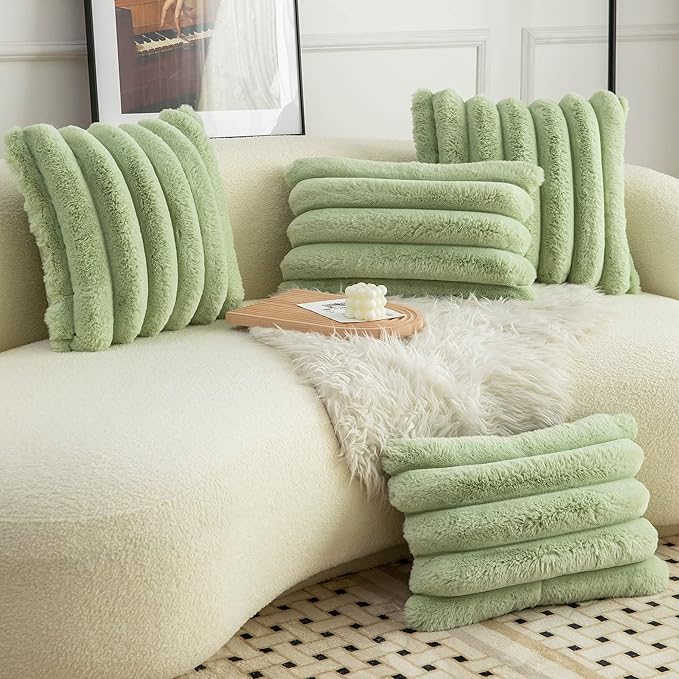 Neelvin Green Faux Fur Cozy Soft Striped Decorative Throw Pillow Covers 24x24 inch Set of 2,Velvet Pillowcase Cushion Case for Sofa Couch