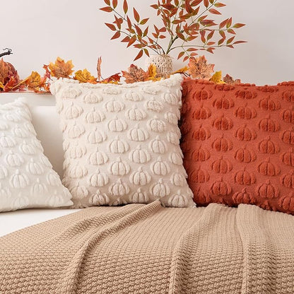Kevin Textile Fall Pumpkins Pillow Covers 18x18 Inch Set of 2 Cute Autumn Decorative Square Pillowcases Soft Faux Fur Cushions Harvest Gift for Couch Sofa Chair Bedroom Home Decor, Rust