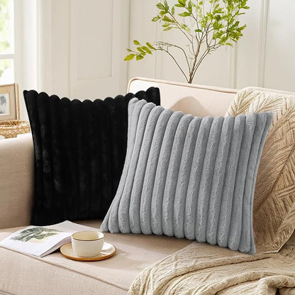 Pallene Faux Fur Plush Throw Pillow Covers 22x22 Set of 2, Luxury Soft Fluffy Striped Decorative Pillow Covers for Sofa, Couch, Living Room, Black