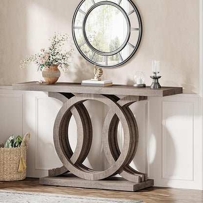 Tribesigns 55-Inch Console Table with Geometric Wood Base, Modern Entryway Table with Thick Tabletop for Living Room, Hallway, Foyer, Brown