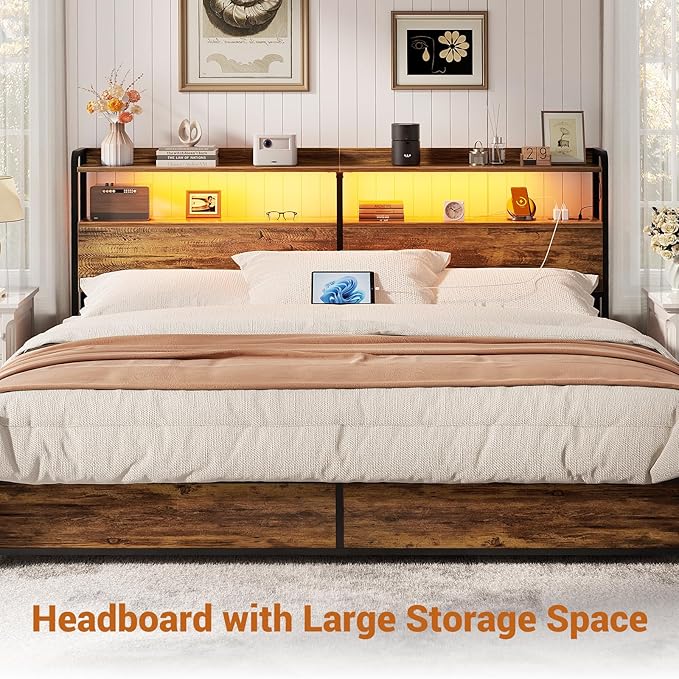 Aheaplus Headboard for King Size Bed Frame, Headboards with Outlets, USB Ports and LED Light, Head Board with Storage, Height Adjustable, Sturdy and Stable Headboard, King Size, Rustic Brown