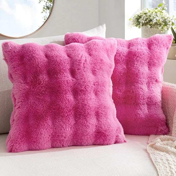 MIULEE Faux Fur Pillow Covers Thick Soft Plush Throw Pillows Luxury Home Decor for Couch Bed Bedroom Living Room Sofa,18x18 Inch Pack of 2 Hot Pink