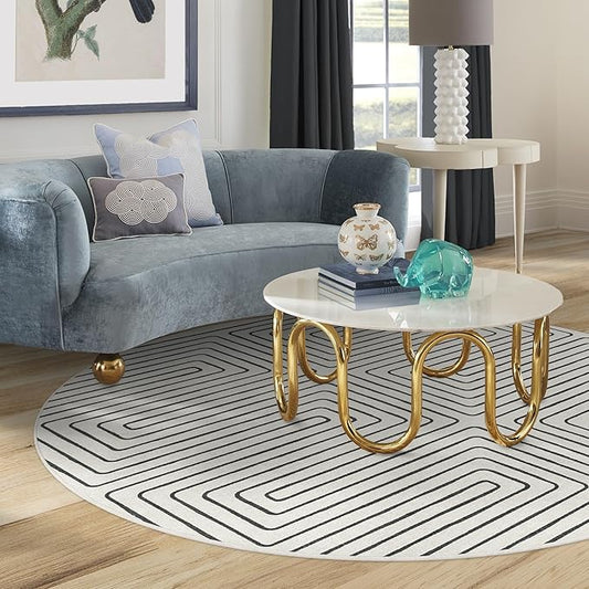 RUGGABLE x Jonathan Adler Machine Washable Area Rug – Labyrinth Black/Ivory 6 ft Round, Stain-Resistant, Non-Slip – Medium Rugs for Living Room, Bedroom, Hallway, Entryway & Office–with Standard Pad