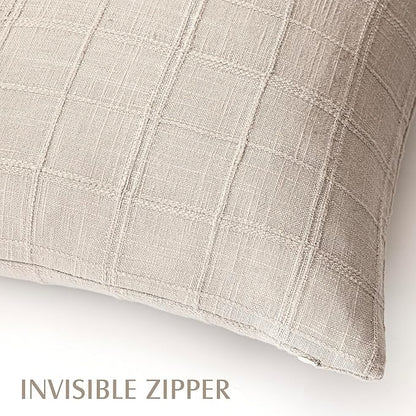 Foindtower Set of 2 Decorative Linen Check Throw Pillow Covers Neutral Farmhouse Vintage Cushion Covers Modern Boho Home Decor for Sofa Chair Couch Bedroom Living Room,20×20 Inch,Natural Linen