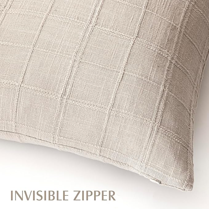 Foindtower Set of 2 Decorative Linen Check Throw Pillow Covers Neutral Farmhouse Vintage Cushion Covers Modern Boho Home Decor for Sofa Chair Couch Bedroom Living Room,18×18 Inch,Natural Linen
