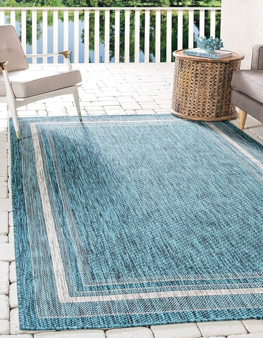 Unique Loom Outdoor Border Collection Area Rug - Soft Border (6' 1" x 9' Rectangle, Teal/ Ivory)