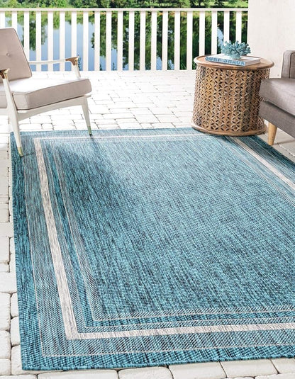 Unique Loom Outdoor Border Collection Area Rug - Soft Border (9' x 12' Rectangle, Teal/ Ivory)