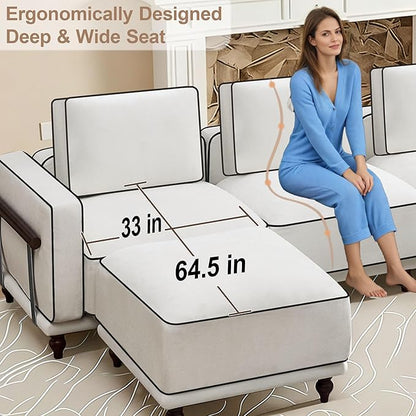 146" 4 Seater Cloud Couch with 2 Ottoman,Modular Sectional U Shaped Sofa with Armrests Wooden Legs,Oversized Deep Seat Comfy Thicked Cushion Upholstered Sofa for Living Room Bedroom,White