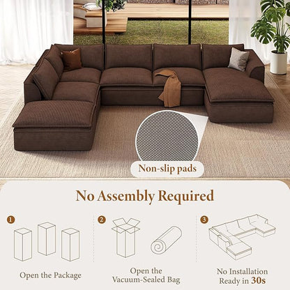 Vesgantti 141.7" Oversized Boneless Sectional Couch, Modern 7 Seater Modular Sofa with Chaise, Deep Seat Convertible Corduroy Cloud Couches for Living Room, No Assembly Required, Dark Brown