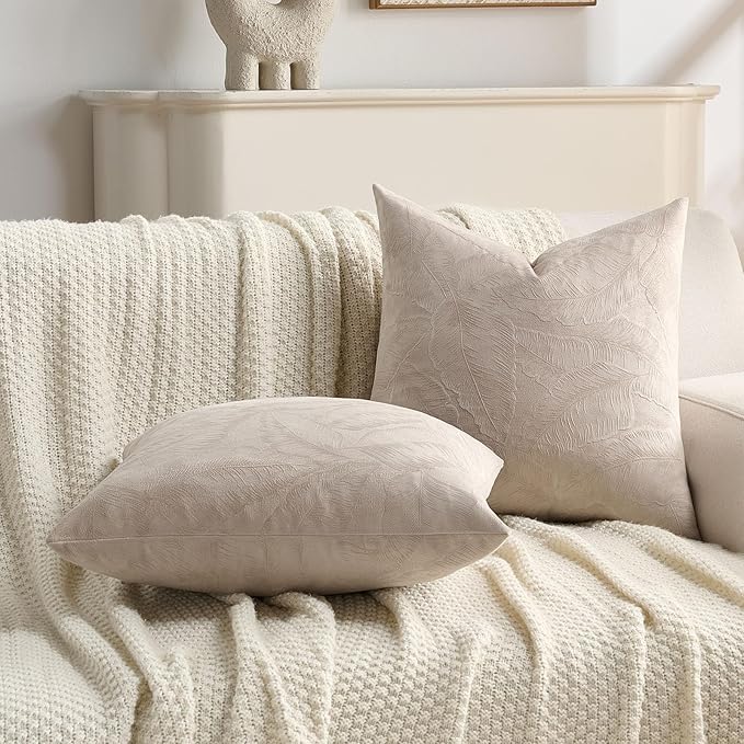 FUTEI Oatmeal Velvet Throw Pillow Covers 12x20 Inch Set of 2,Soft Embossed Leaf-Relief Textured Lumbar Pillow Cases,Natural Home Decor for Couch Living Room