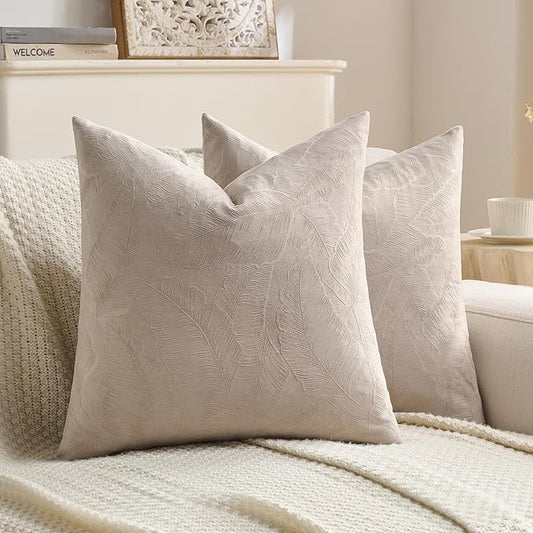 FUTEI Oatmeal Velvet Throw Pillow Covers 18x18 Inch Set of 2,Soft Embossed Leaf-Relief Textured Cushion Cases,Natural Home Decor for Couch Living Room