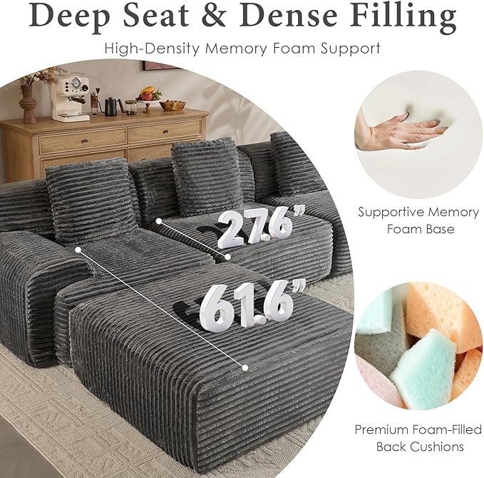 VK·LIVING 113" Cloud Sectional Couch, 61.6" Deep Seat Boneless Modular Sofa with Wide Armrests, Plush Corduroy Memory Foam Couch for Living Room, No Assembly, Dark Gray