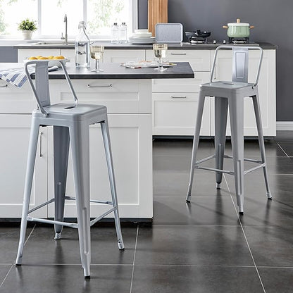AC Pacific 30” Metal Barstool Set of 2 – Country Rustic Style with Low Back, Lightweight & Sturdy Build, Easy Assembly – Matte Silver