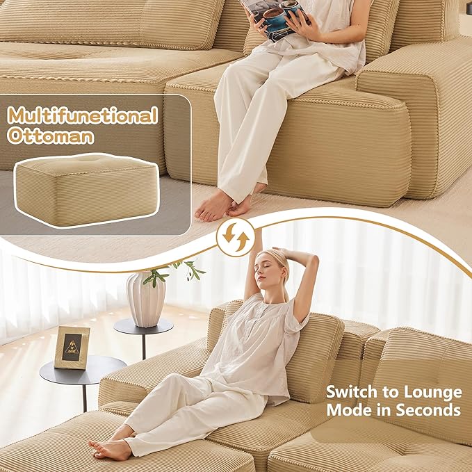 115.3” Camel Boneless Couches for Living Room, Modular Sectional Sofa with U-Shape Chaise, 3 Seater Comfy Upholstered Deep Seat Corduroy Fabric Cloud Couch No Assembly, Anti-Slip Design