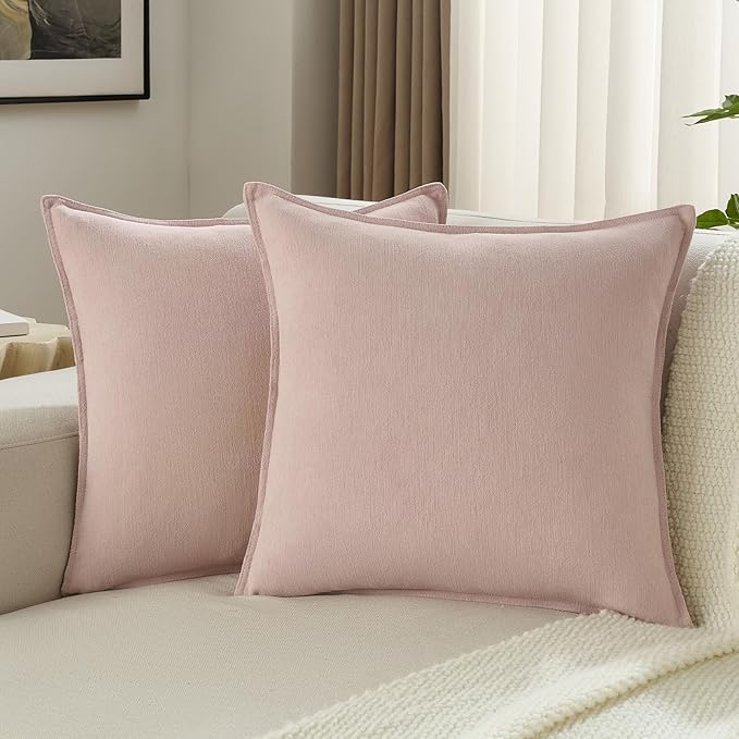 FUTEI Pink Chenille Throw Pillow Covers 20x20 Inch Set of 2,Edges Double-Stitched Cushion Cases,Modern Home Decor for Couch Living Room