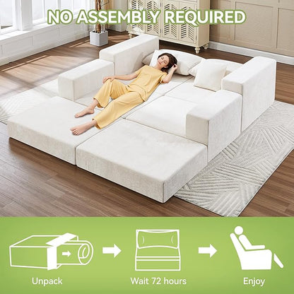 79" Boneless Loveseat Sofa Couch, Modular Foldable Floor Cloud Sofa with Ottoman, Lounge Convertible Sofa Bed for Living Room, No Assembly, Chenille Beige