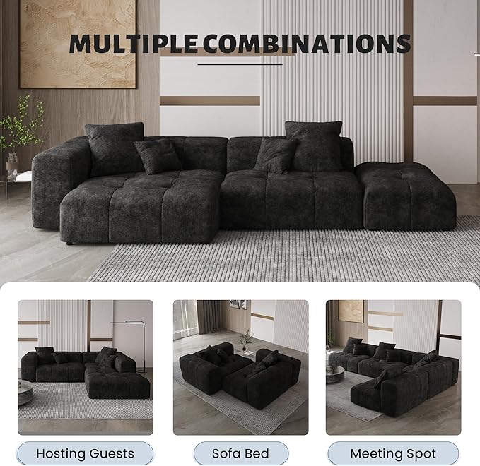 WJShome 119" L Shaped Sectional Couch,Modern Modular Sofa with Ottoman,Linen Deep Loveseat with Pillows Couches for Living Room, Bedroom and Apartment,Black