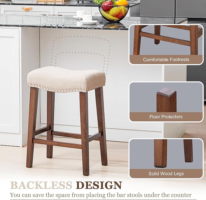 PrimeZone Counter Height Bar Stools Set of 8 - Backless Saddle Barstools with 4.3" Thick Upholstered, Nailhead Trim Linen Fabric & Solid Wood Legs, 26 Inch Counter Stools for Kitchen Island, Beige