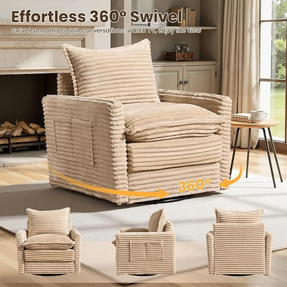 130" Modular Sofa with Swivel Chair & Ottoman, Modern Cloud Sectional Couch Plush Corduroy 5 Seater Deep Seat Sofas Set & Accent Armchair for Living Room, Beige