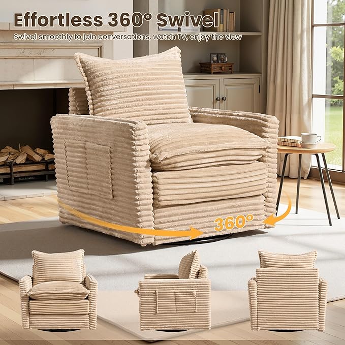 Swivel Accent Chair Set of 2, Modern Sofa Chairs for Living Room, Plush Upholstered Cloud Chair with Double Layer Thick Cushions, Bedroom Reading Nook Armchair, Beige