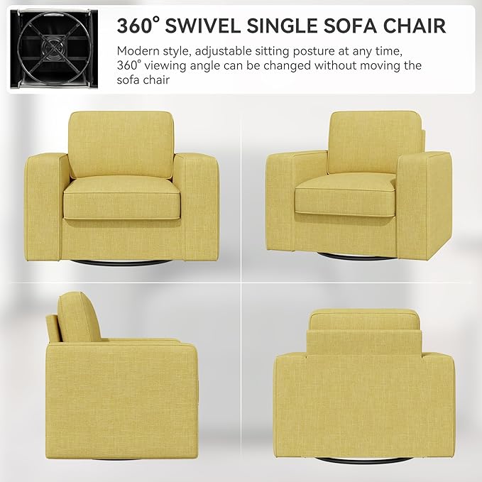 36'' Width Wide Swivel Accent Sofa Chair Set of 2, 360 Degree Rotation Oversized Wingback Armchair Linen Fabric Single Thick Cushion Soft Living Room, Office Yellow