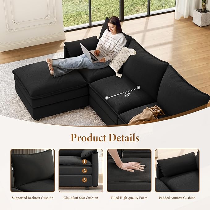 Vesgantti 108" V-Shaped Corner Couch Sectional, 7 Seat Customizable Modular Cloud Couches with Movable Ottoman, Chenille Deep Seat Sofa Set with Chaise for Living Room, Bedroom and Apartment, Black