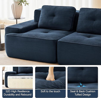 115.3” Blue Boneless Couches for Living Room, Modular Sectional Sofa, 3 Seater Comfy Upholstered Deep Seat Corduroy Fabric Cloud Couch No Assembly, Anti-Slip Design