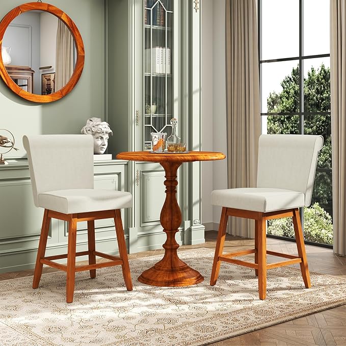 COSTWAY Swivel Bar Stools Set of 2, 27" Counter Height Bar Chairs with Rubber Wood Legs, Upholstered Linen Barstools with Back & Cushioned Seat, for Kitchen Island, Home, Beige (2,Beige)