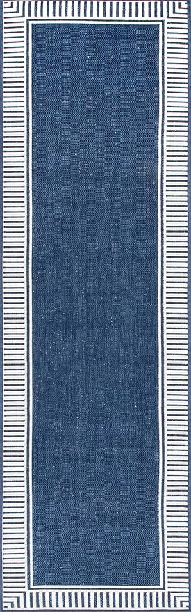 nuLOOM 2' x 10' Outdoor/Indoor Asha Area Rug, Asha Navy, Casual Design with Striped Border, Stain Resistant, Highly Durable, for Patio, Balcony, Bedroom, Living Room, Dining Room, Bathroom