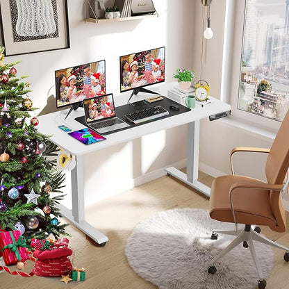 farexon Electric Standing Desk Adjustable Height, 48x24 Inches Stand Up Desk with 4 Preset Heights, Lockable Casters, Double Hooks,27.5''-46.5'' Lifting Range Home Office Computer Desk（White）