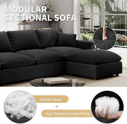 Modern Sectional Linen Cloud Couch for Living Room Armless Modular Filled-Down Sofas,Detachable Couch Cushion Covers,Cozy Feather Down Sofa for Apartment Black