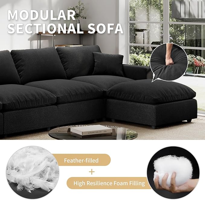 Linen Sleeper Sofa Bed,Modern Sectional Sofa Couch for Living Room,95.4 Inch Cloud Couches Cushion Covers Removable,Cozy Feather Down Sofa for Apartment Black