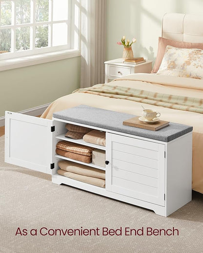 VASAGLE Shoe Storage Bench with Cushion, 3-Tier Entryway Bench with Padded Seat, Doors, Adjustable Shelves, 14 x 39.8 x 20.7 Inches, for Hallway, Bedroom, Cloud White and Dove Gray ULSB044W01