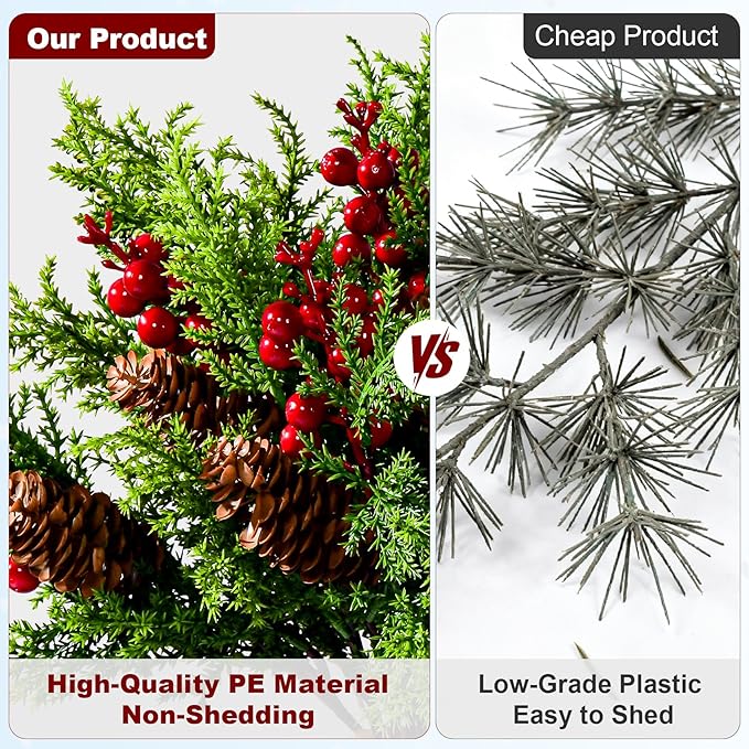 8PCS Artificial Pine Branches with Red Berry Pine Cones Artificial Needles Branches Greenery Stems Fake Greenery Floral Arrangements