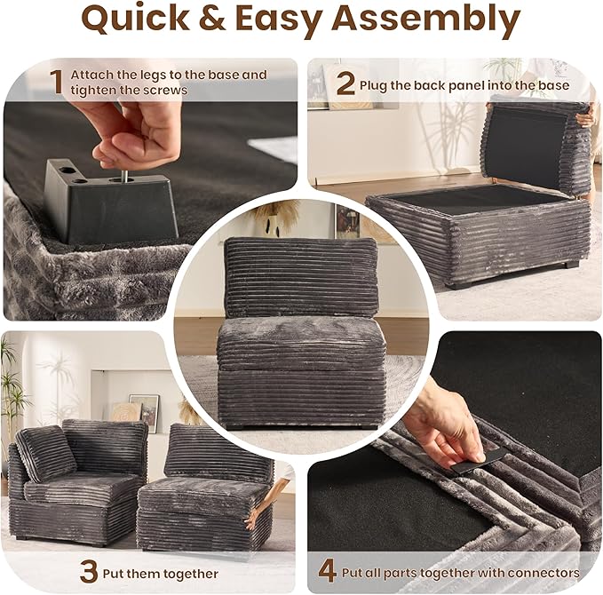 32.7'' Middle Seat for Modular Sectional Sofa, Deep Seat Upholstered Armless Chair Sleeper Sofas, L/U/V Shaped Plush Corduroy Cloud Couch for Living Room Apartment, Grey