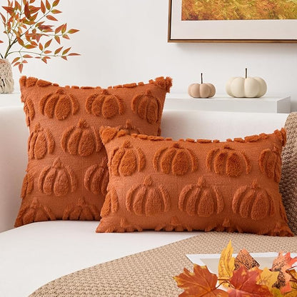 Kevin Textile Fall Pillow Covers 16x16 Inch Set of 2 Soft Pumpkins Decorative Square Pillowcases Plush Autumn Faux Fur Cushions Harvest Gift for Couch Sofa Chair Bedroom Home Decor, Brown