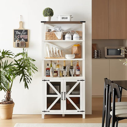 5 Tier Bookshelf 70" Tall Bookcase with Barn Doors,Large Farmhouse Display Book Shelf with Adjustable Shelves and Storage Cabinet，Library Wood Bookshelves for Living Room,Kitchen,Rustic White