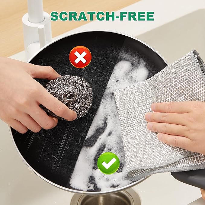 JOYMOOP Multipurpose Non-Scratch Silver Fiber Dishwashing Cloths, Reusable Cleaning Rags, Scrubbing Pads for Dishes, Glass, Stainless Steel - 5 Pack