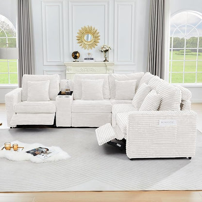 ORRD Oversized Modular Sectional Sofa with 2 Power Reclining, Electric Recliner Couch with Storage Console and Adjustable Headrest, Plush Corduroy Fluffy 5 Seat Corner Sofa for Living Room-White
