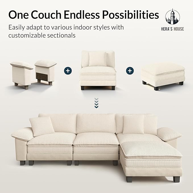 HERA'S HOUSE Oversized Modular Sectional Sofa, 158" U Shaped Cloud Couch with Ottoman and Throw Pillow, Mixed Fabric Sleek Couches for Living Room, Beige