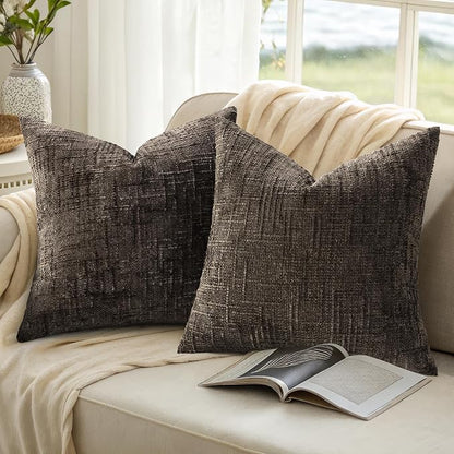 decorUhome Dark Brown Chenille Throw Pillow Covers 22x22 Set of 2 Thick Textured Slubby Couch Pillow Covers Farmhouse Accent Modern Neutral Decorative Pillow Cases for Bed Sofa Living Room