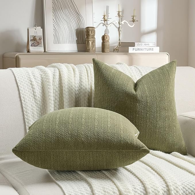 FUTEI Moss Green Chenille Throw Pillow Covers 20x20 Inch Set of 2,Soft Striped & Diamond Textured Cushion Cases,Modern Home Decor for Couch Living Room