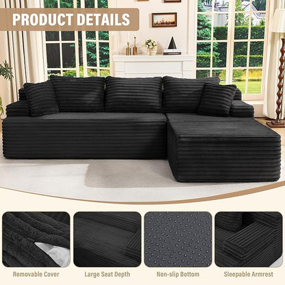 Hobestluk Modular Sectional Couch Sofa, 108" Boneless Couches for Living Room, Memory Foam Sectional Couch with Oversized Chaise,L-Shape Couches (Black, Right Facing)